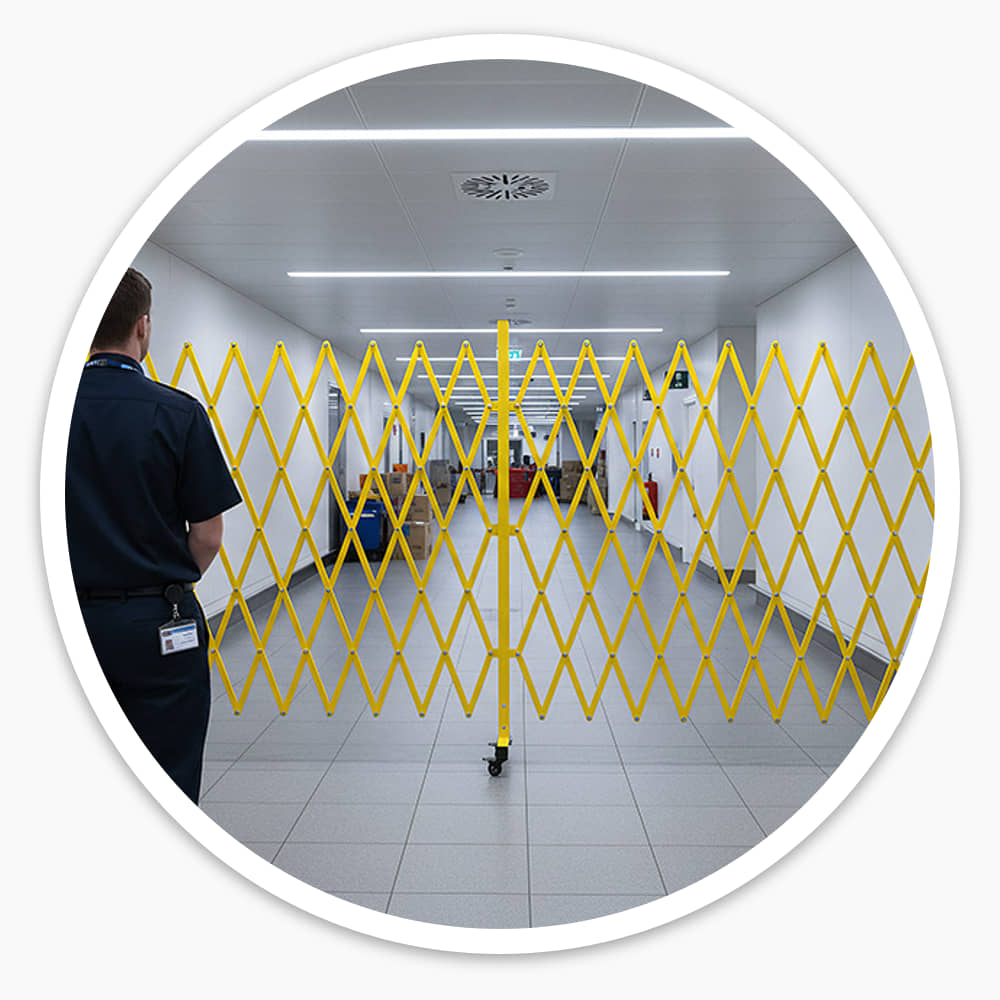 Staff member beside the yellow Extra Large Expandable Barrier spanning a wide corridor wall to wall