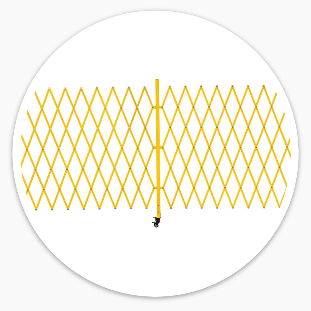 Yellow Extra Large Expandable Barrier fully extended on its feet and wheels
