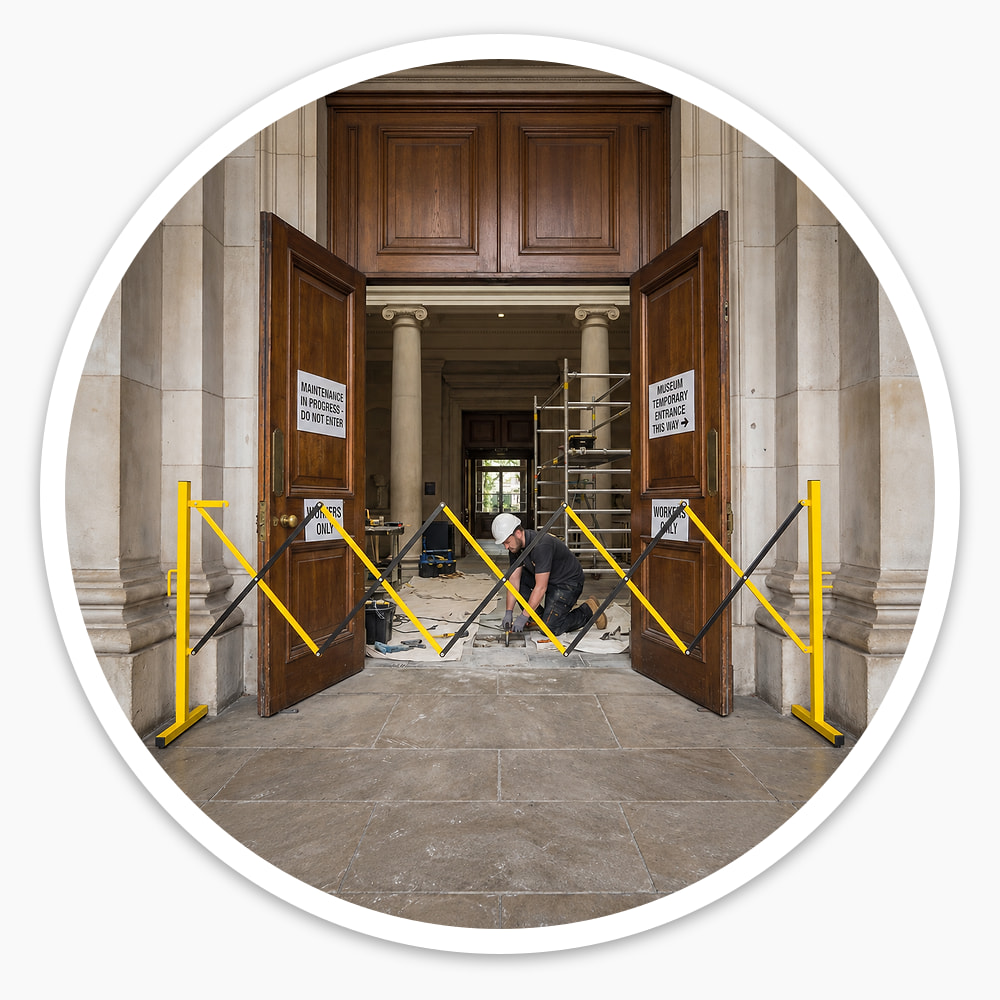 Small Expanding Safety Barrier closing off a museum doorway while a worker carries out maintenance inside