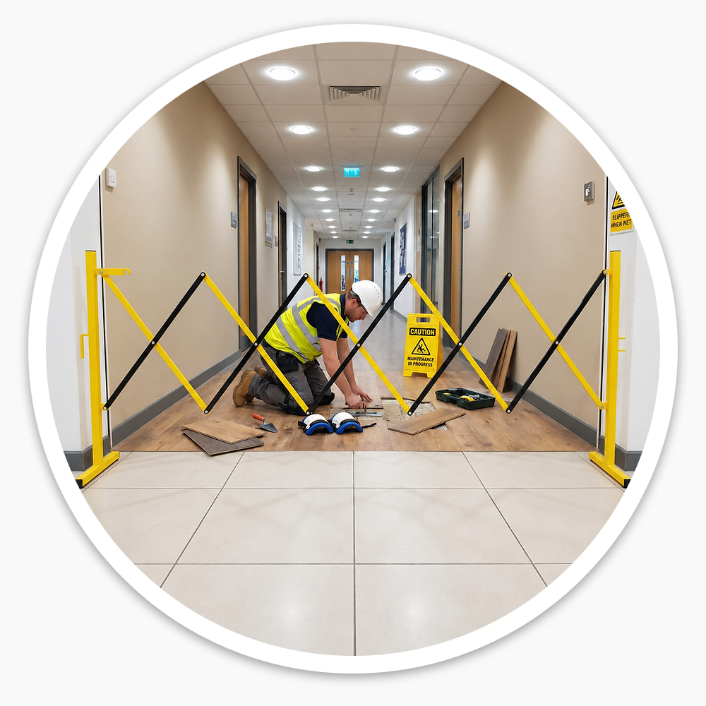 Small Expanding Safety Barrier opened across an office corridor around a worker fitting flooring