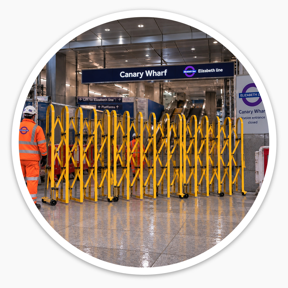 Large Expandable Safety Gates closing off Canary Wharf station entrance, with a worker in hi-vis standing beside them
