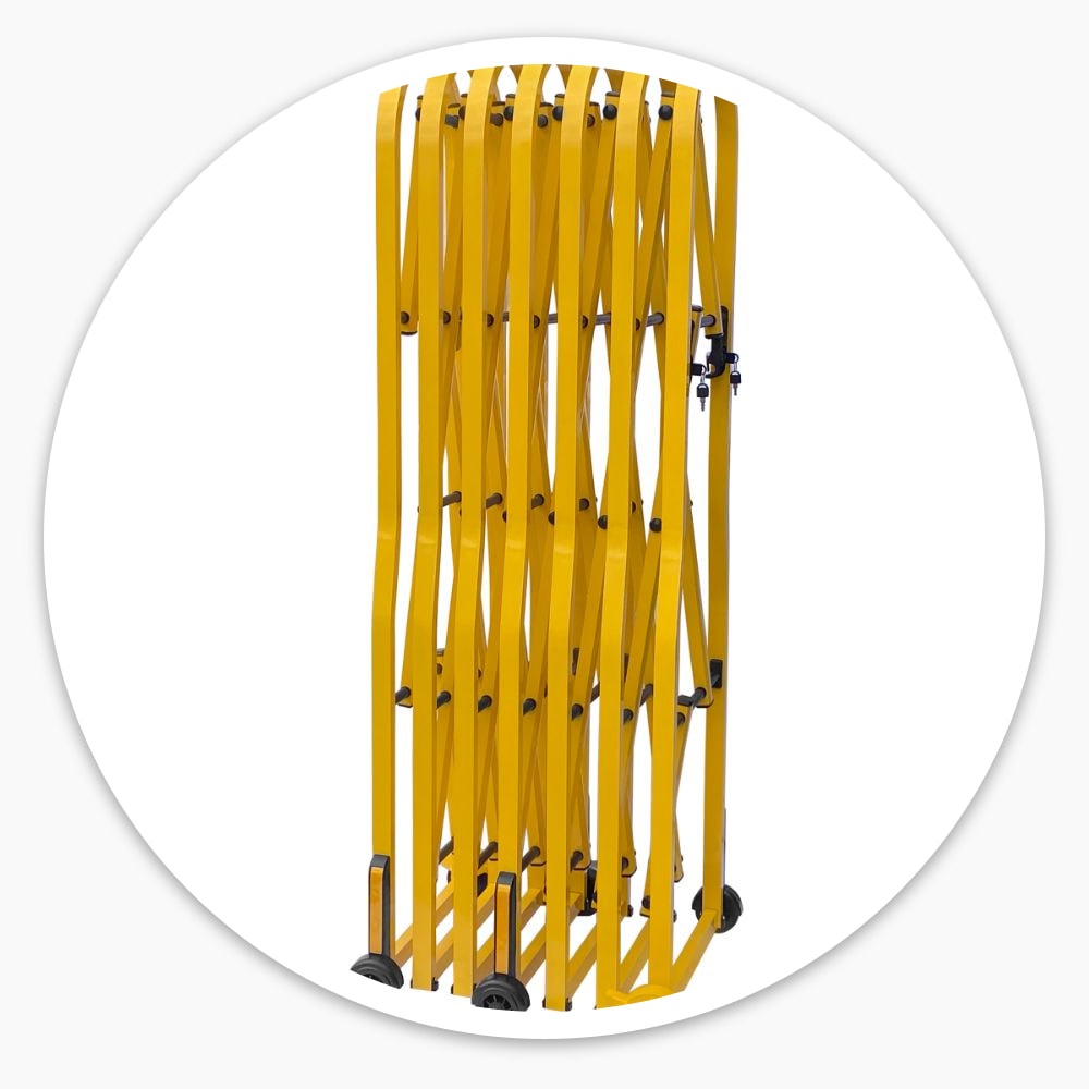 Large Expandable Safety Gate held partly open at a narrow width on its wheels