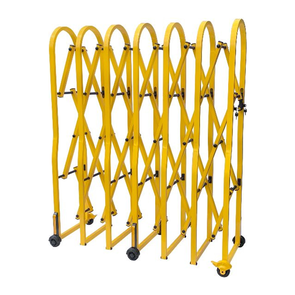 Large Expandable Safety Gate in yellow aluminium, partly open on its wheels, on a white background