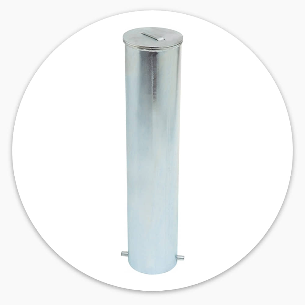 Zinc plated 740mm in-ground base of the Manual Rising Security Post, with its lid and fixing lugs