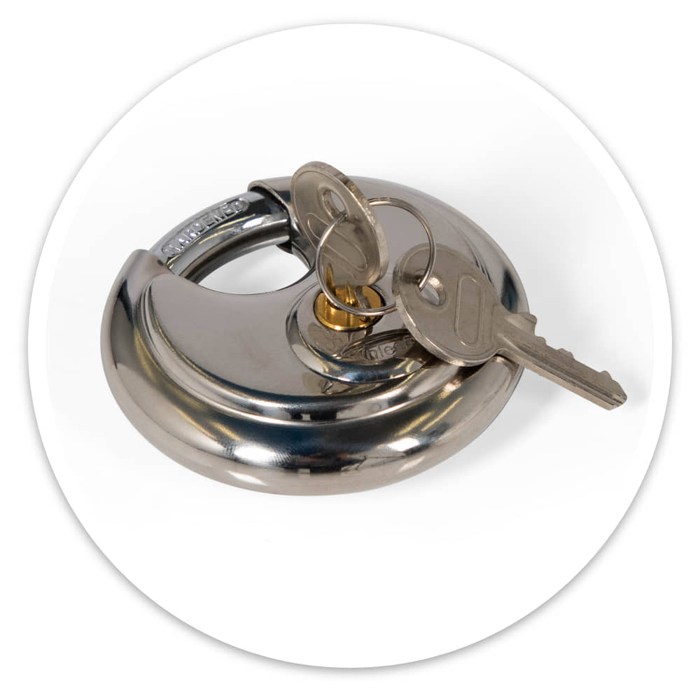 Stainless steel disc padlock with 2 keys, supplied with the Manual Rising Security Post to lock it upright