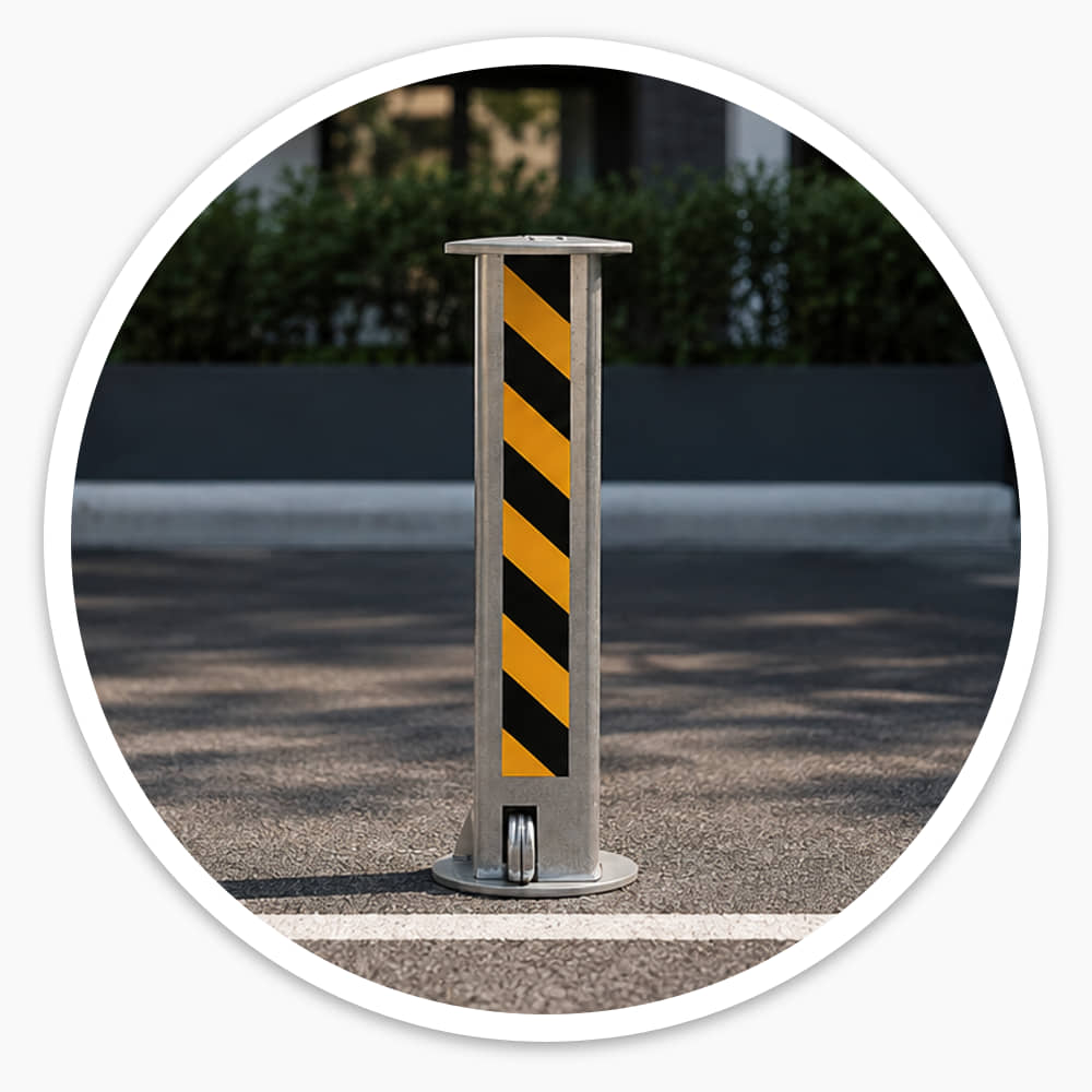Manual rising security post with black and yellow reflective tape, raised in an empty parking bay beside a white car