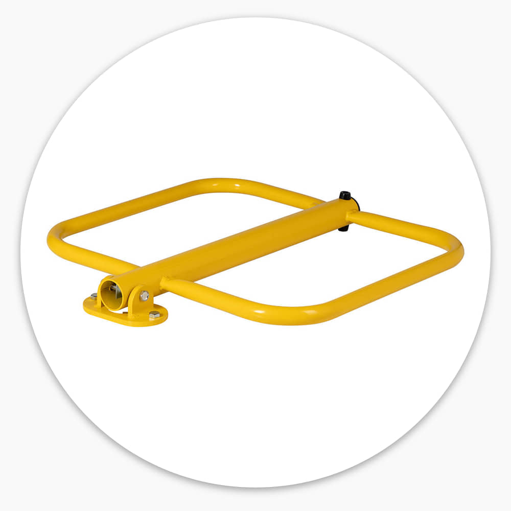 Bright yellow folding parking barrier folded flat on its base plate
