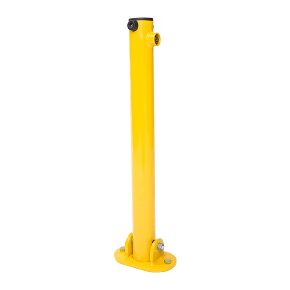 Yellow folding parking post standing upright on its hinged bolt-down base plate, with a key lock near the top