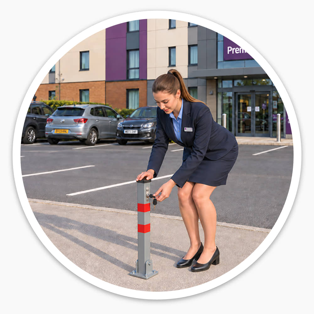 Hotel staff member unlocking a folding security barrier in a car park bay outside a Premier Inn