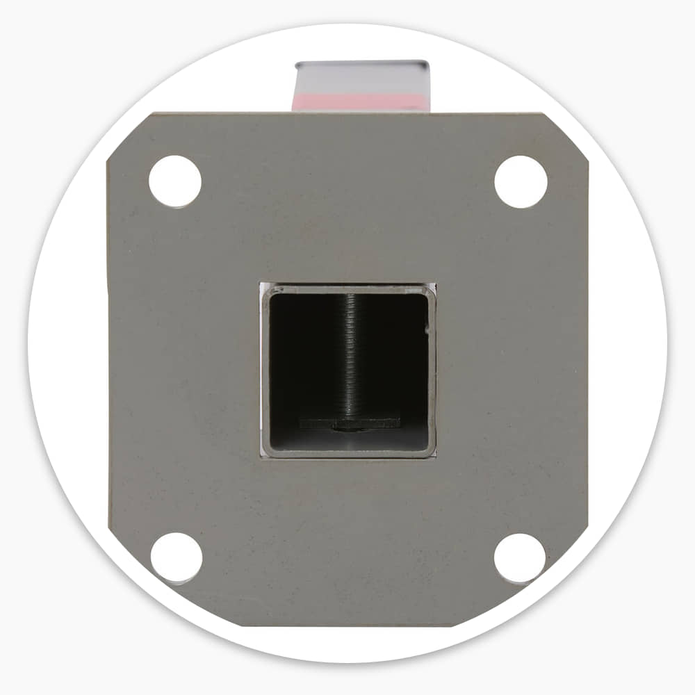 Underside of the folding security barrier base plate with four pre-drilled bolt holes