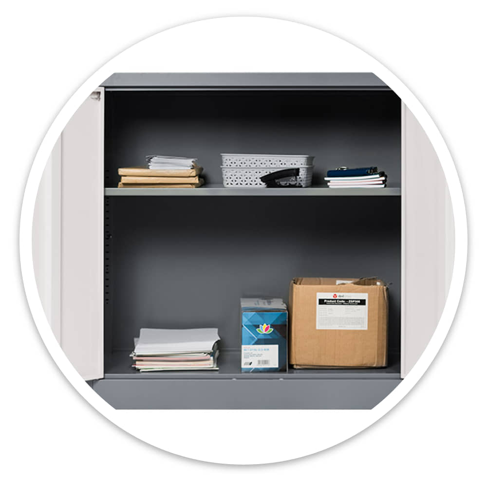 Open mid grey lockable cabinet with files and supplies on its adjustable shelf and the cabinet base