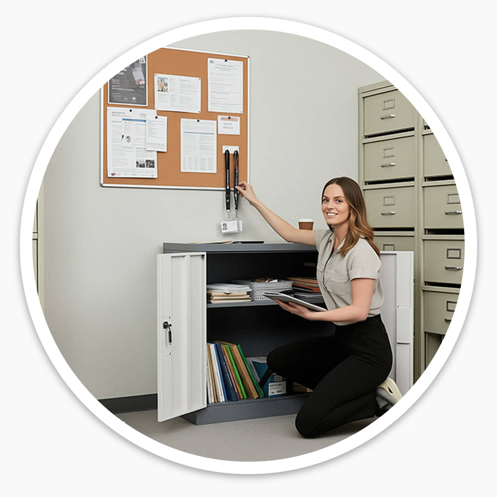 Woman kneeling beside a compact mid grey lockable cabinet under a noticeboard, between tall filing cabinets