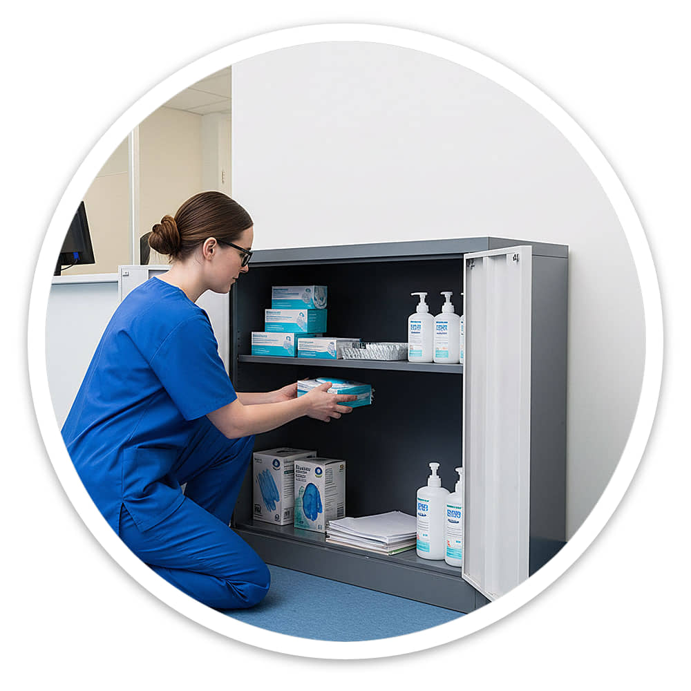Nurse placing medical supplies on the shelf of a mid grey lockable cabinet in a clinic