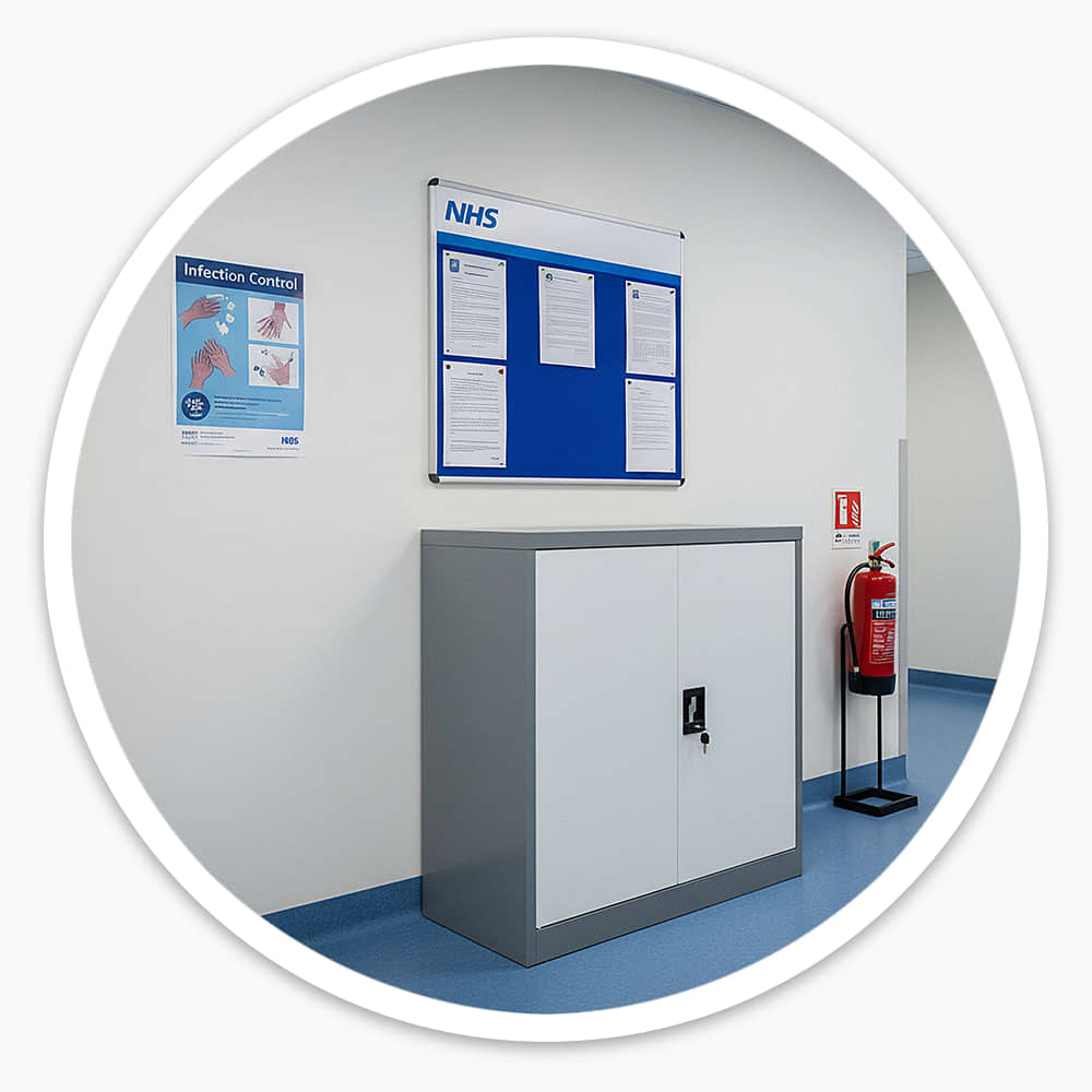 Mid grey 2 door lockable cabinet with white doors in an NHS hospital corridor, below a noticeboard and beside a fire extinguisher