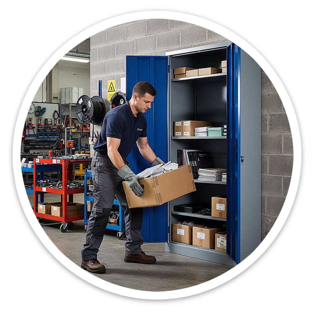 Worker lifting a heavy carton onto a shelf of the open blue Garage Storage Cabinet in a busy workshop