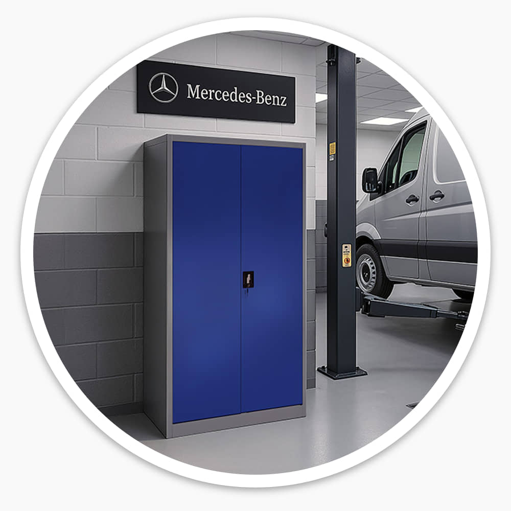 Blue Garage Storage Cabinet standing flat against the wall in a vehicle workshop, next to a van on a lift