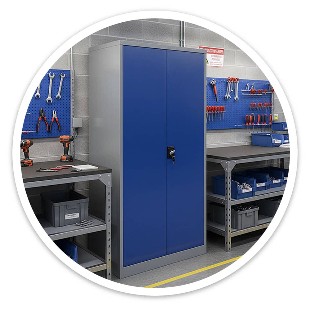 Grey and blue steel Garage Storage Cabinet beside workbenches and blue tool boards in an industrial workshop