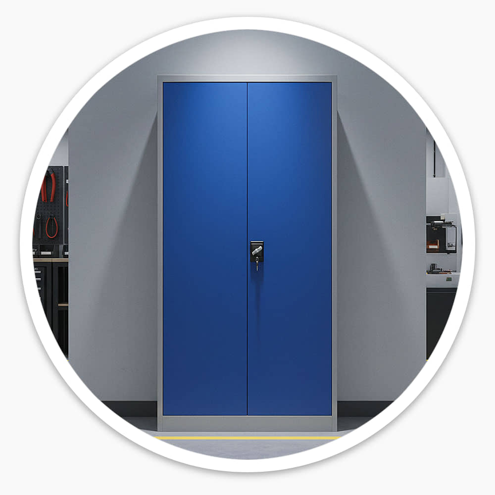 Closed reinforced blue doors of the Garage Storage Cabinet with central key lock in a workshop