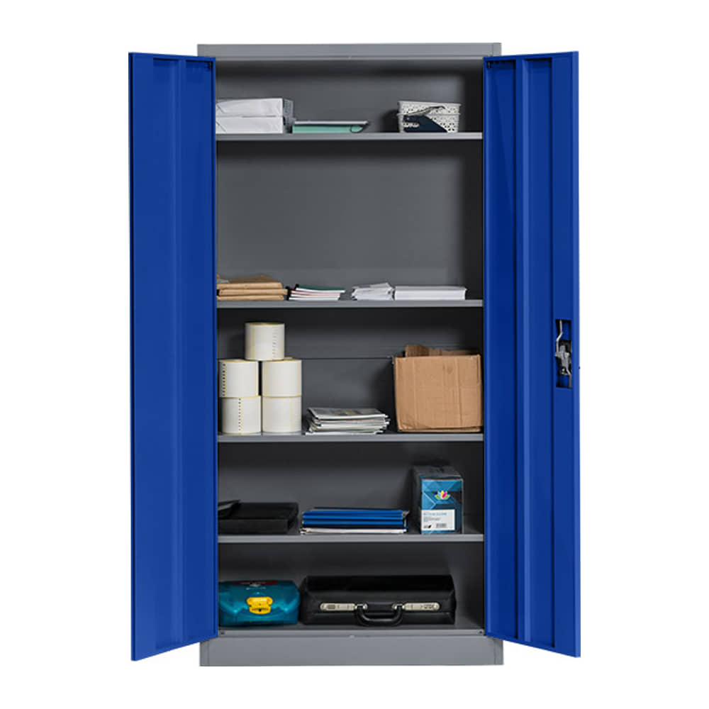 Garage Storage Cabinet with doors open, showing its smooth grey and blue powder-coated finish and stocked shelves