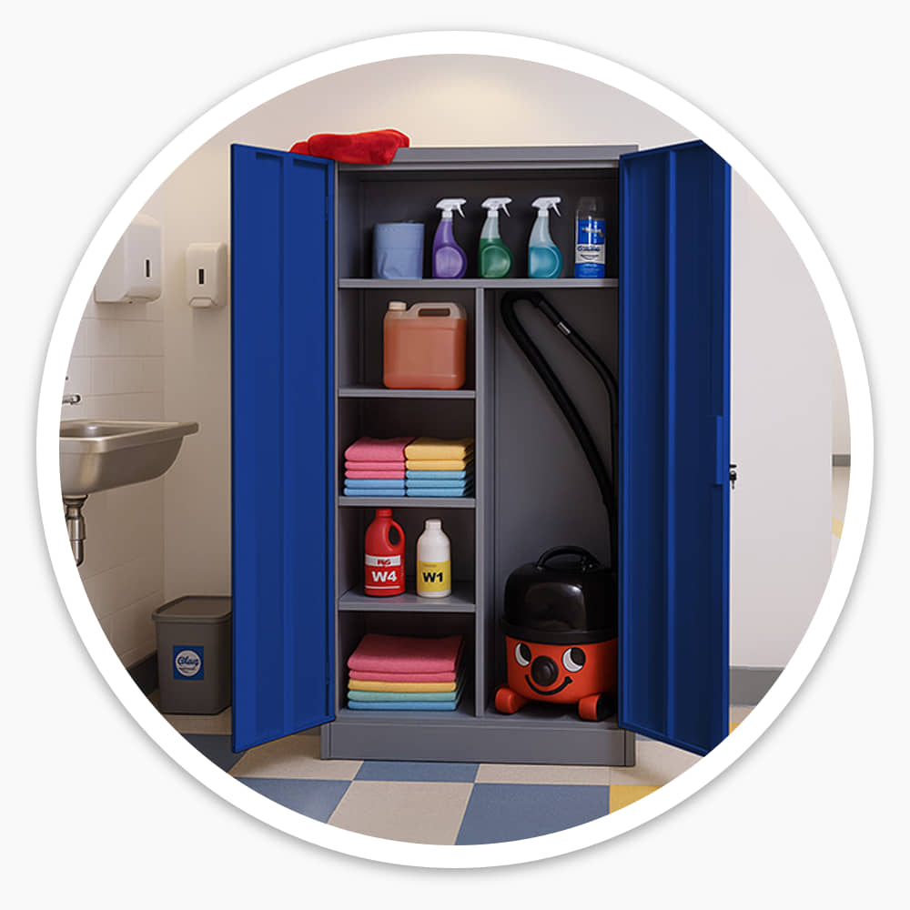 Open blue Cleaners Cupboard in an NHS cleaning room, holding sprays, cloths, chemicals and a vacuum cleaner