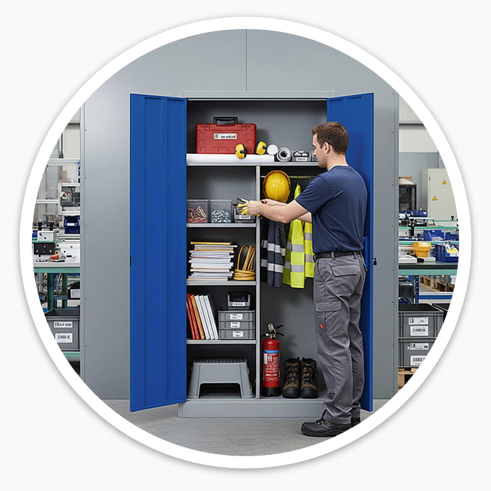 Worker at an open blue Cleaners Cupboard with hi-vis vests and jackets hanging on the coat rail beside the shelves