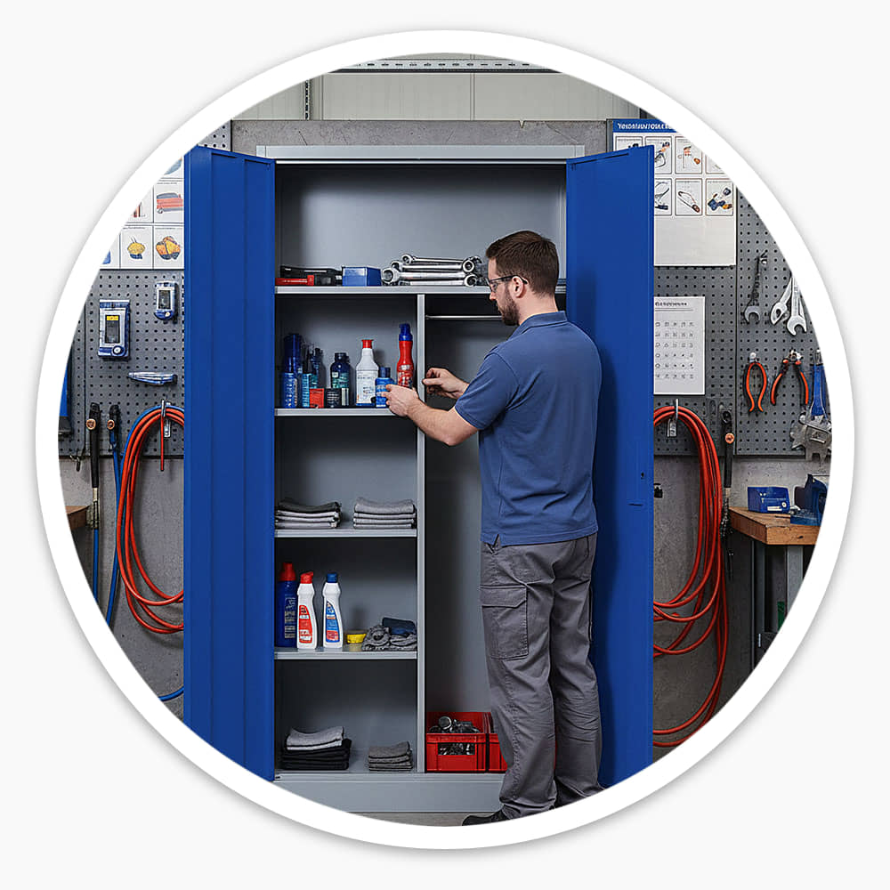 Worker stocking cleaning products on the shelves of an open blue 2 door cleaners cupboard with coat rail in a workshop
