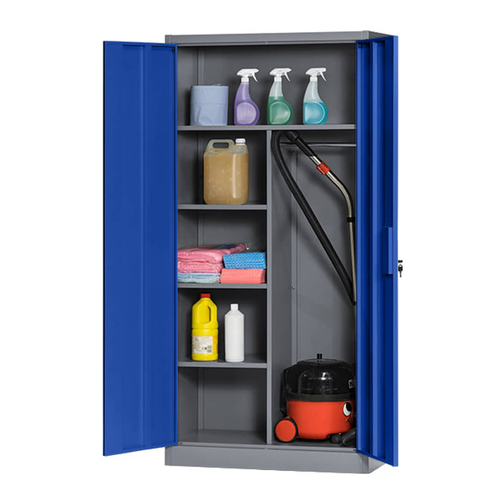 Open Cleaners Cupboard with shelves holding spray bottles, a chemical drum, cloths and cleaning products