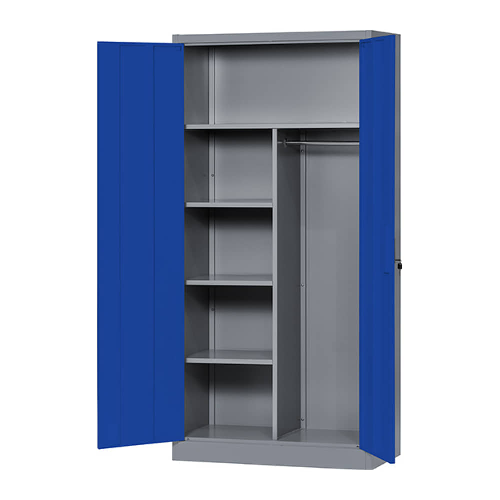 Blue 2-door cleaners cupboard with both reinforced doors open, showing grey shelves and a coat rail inside
