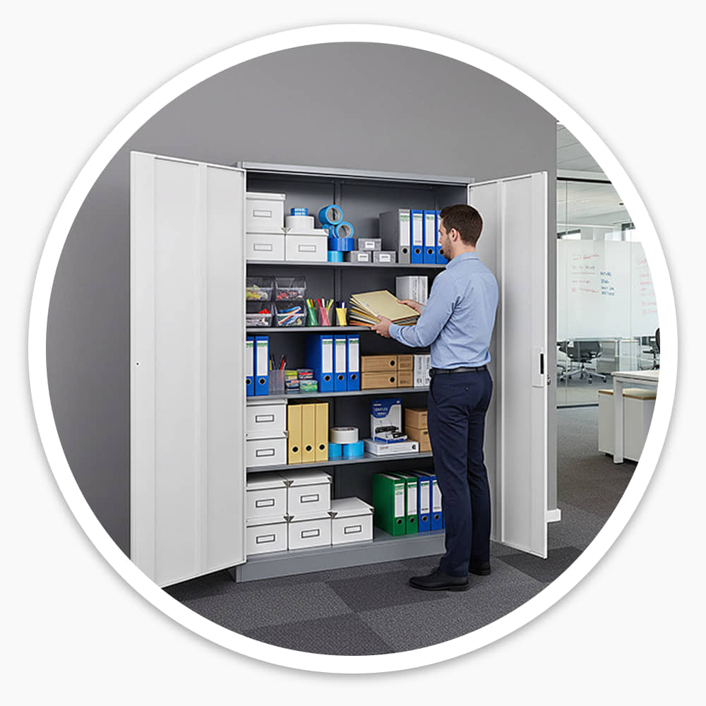 Office worker taking files from the open Extra Wide Cupboard, stocked with folders and storage boxes