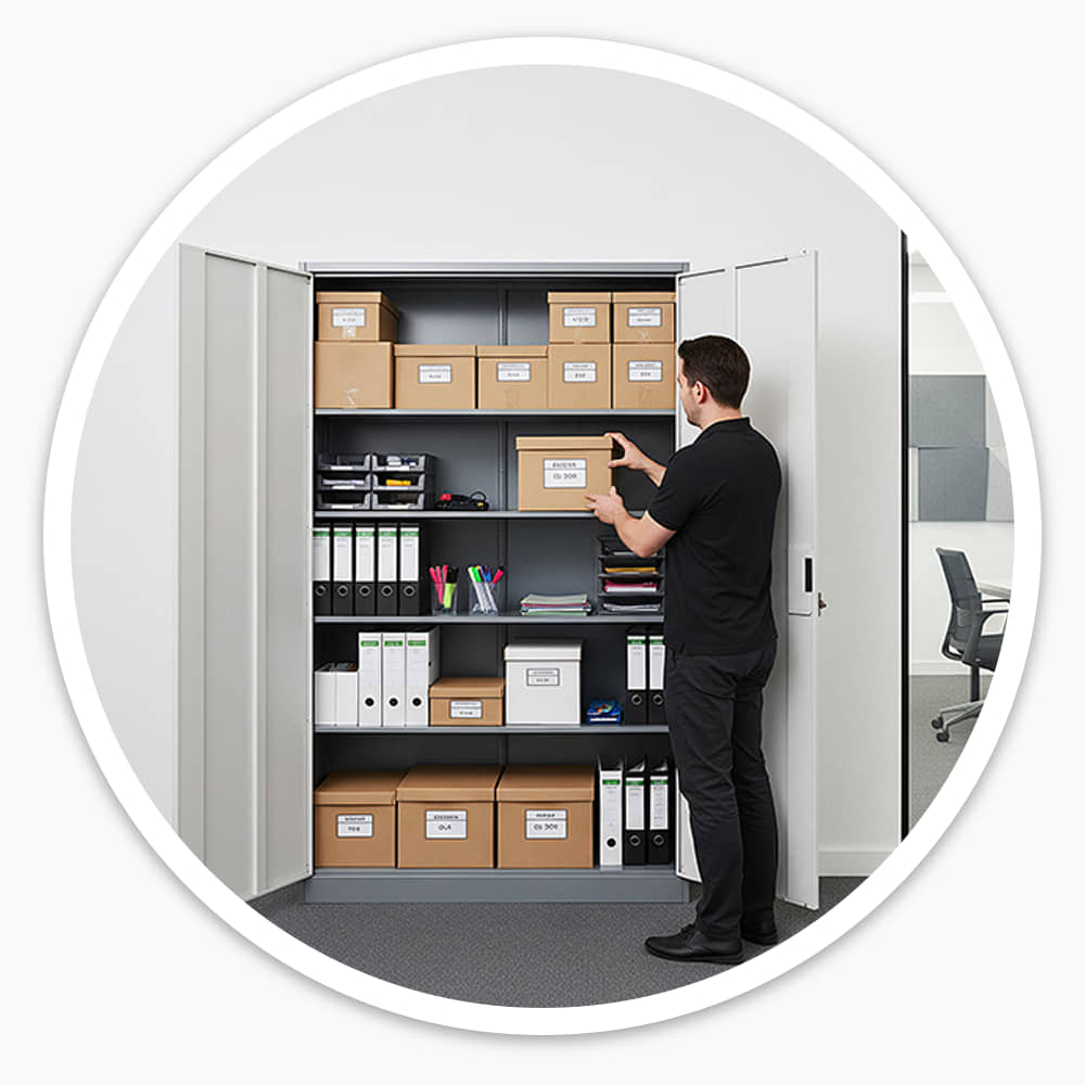 Man placing a box on a shelf inside the unlocked Extra Wide Cupboard in an office