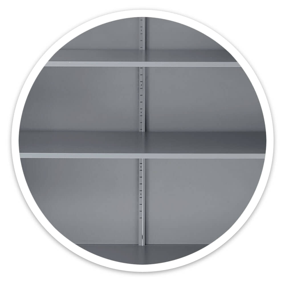 Close-up of the Extra Wide Cupboard's grey steel shelves and the slotted uprights used to adjust their height