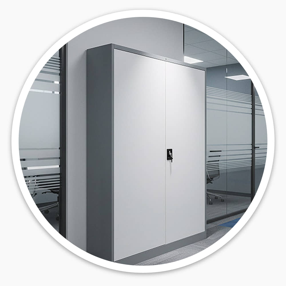 Grey Extra Wide Cupboard standing against a corridor wall in an office, kept clear of the walkway