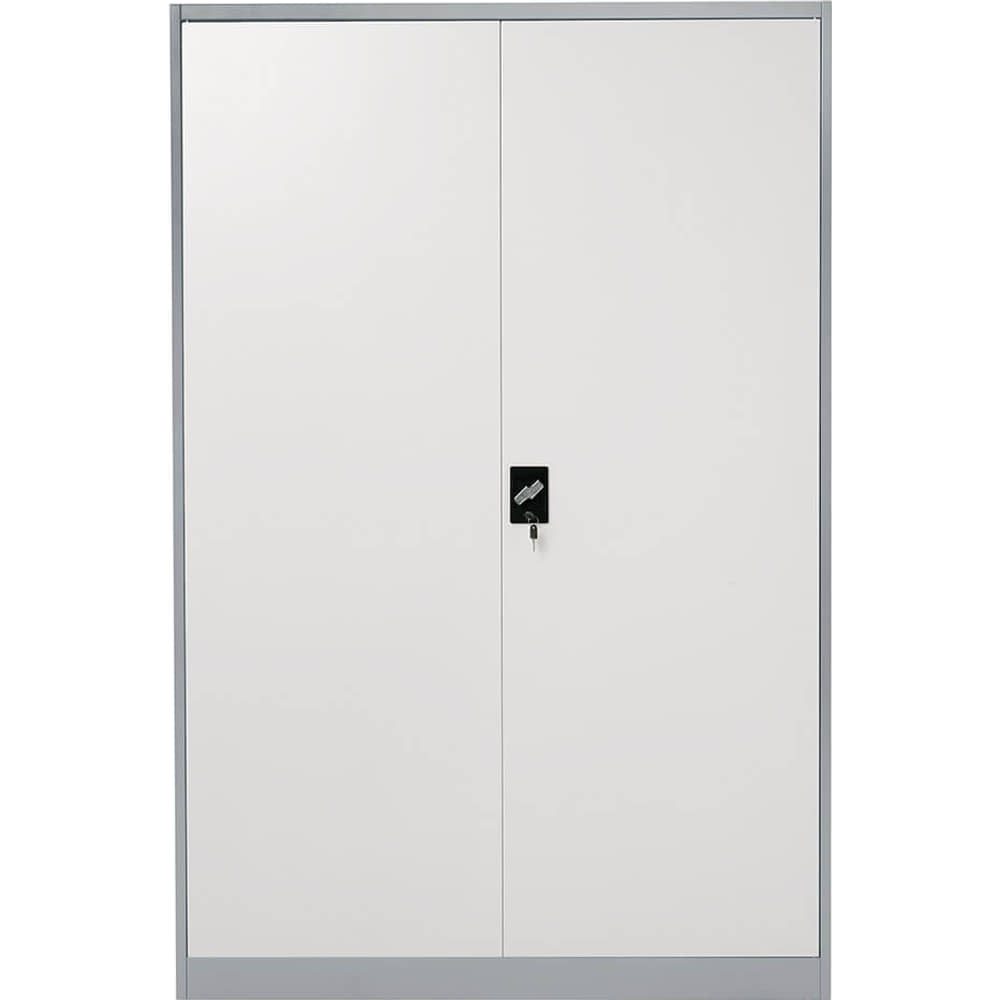 Front view of the closed Extra Wide Cupboard showing its smooth grey and light powder-coated finish