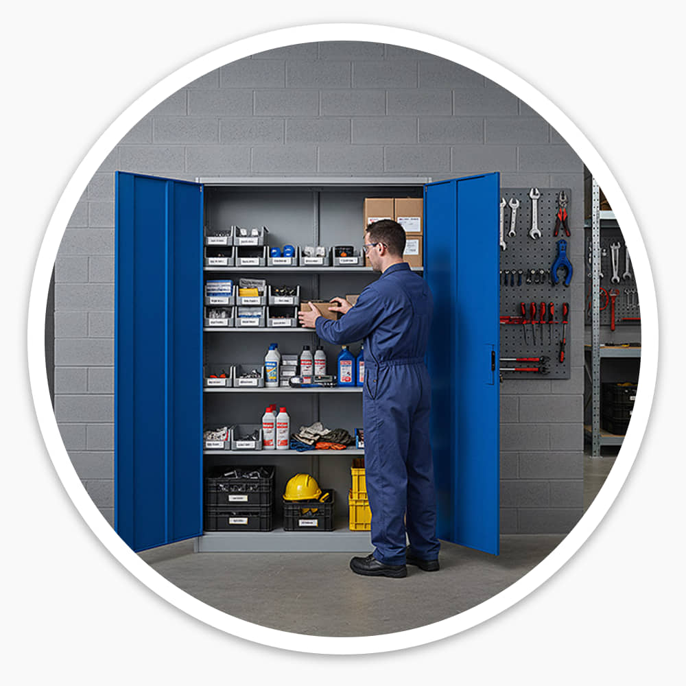 Worker in overalls putting parts into an open blue 2 door metal cupboard in a warehouse store