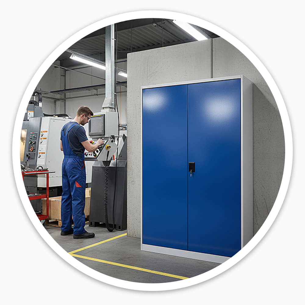 Blue metal cupboard with its doors closed and locked beside a machine operator in a workshop