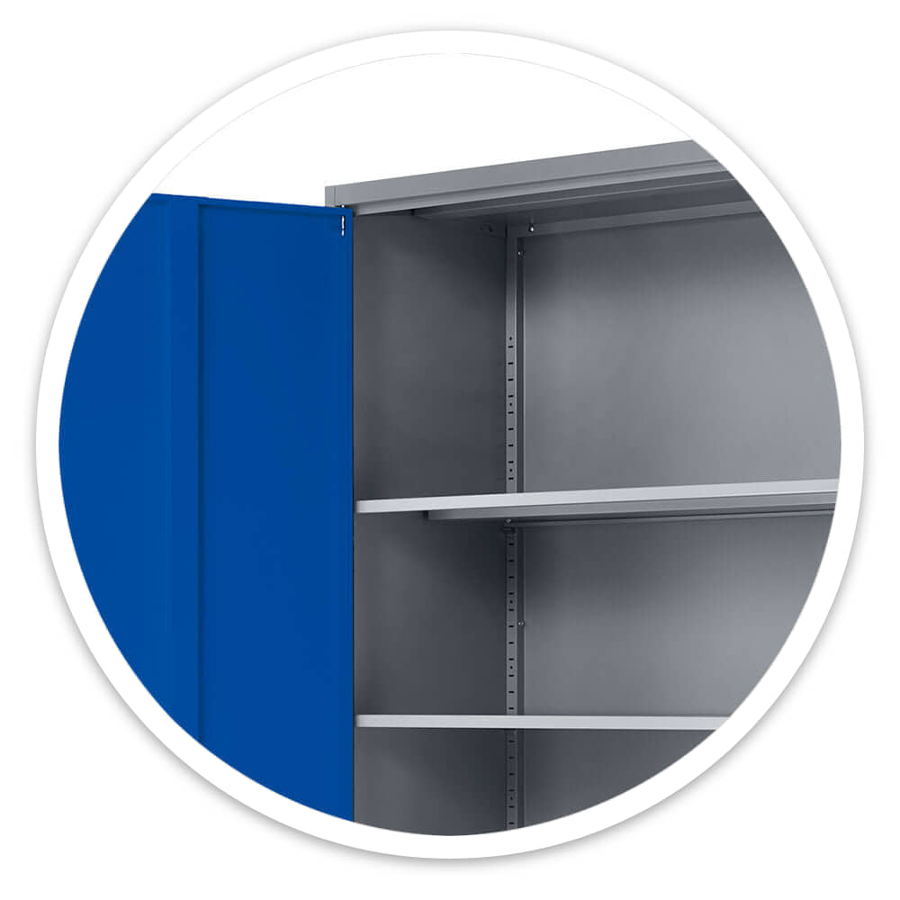 Blue 2 door metal cupboard with its door open, showing grey adjustable shelves on slotted uprights