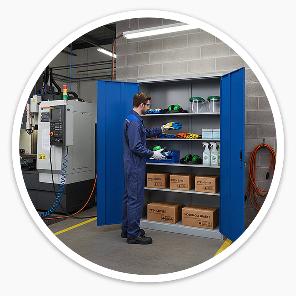 Worker stocking PPE in an open blue 2-door metal cupboard with 4 shelves against a workshop wall beside a CNC machine