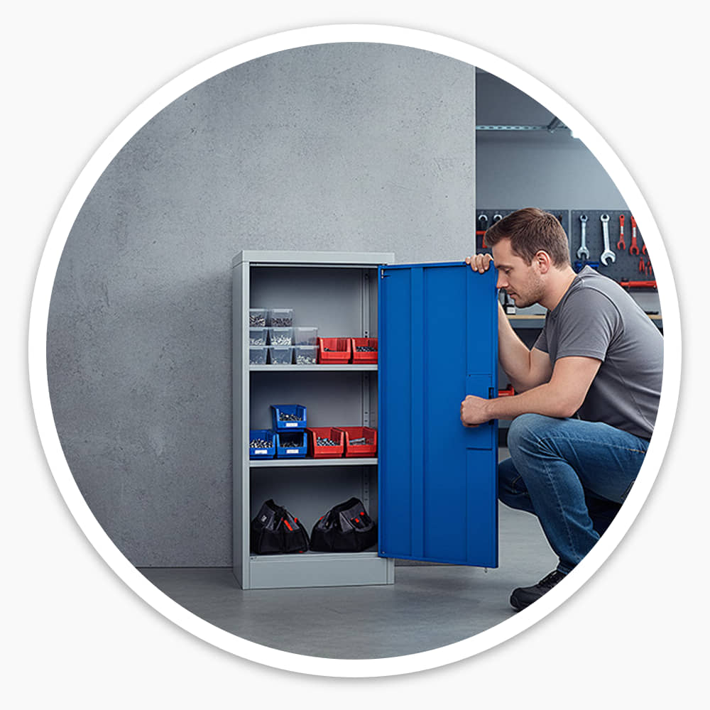 Man crouching to open a blue Secure Metal Cabinet holding parts bins in a workshop