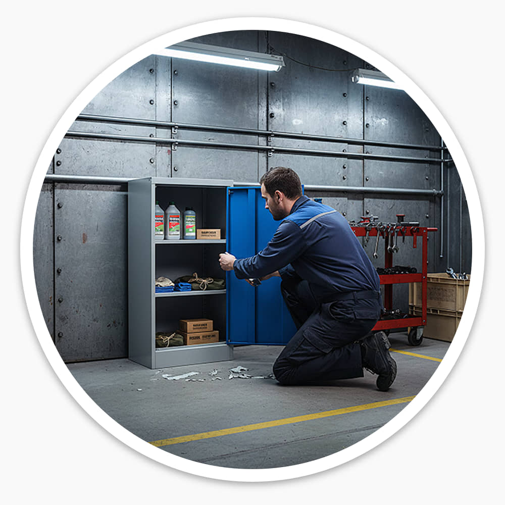 Technician kneeling at an open blue Secure Metal Cabinet storing supplies in an industrial workshop