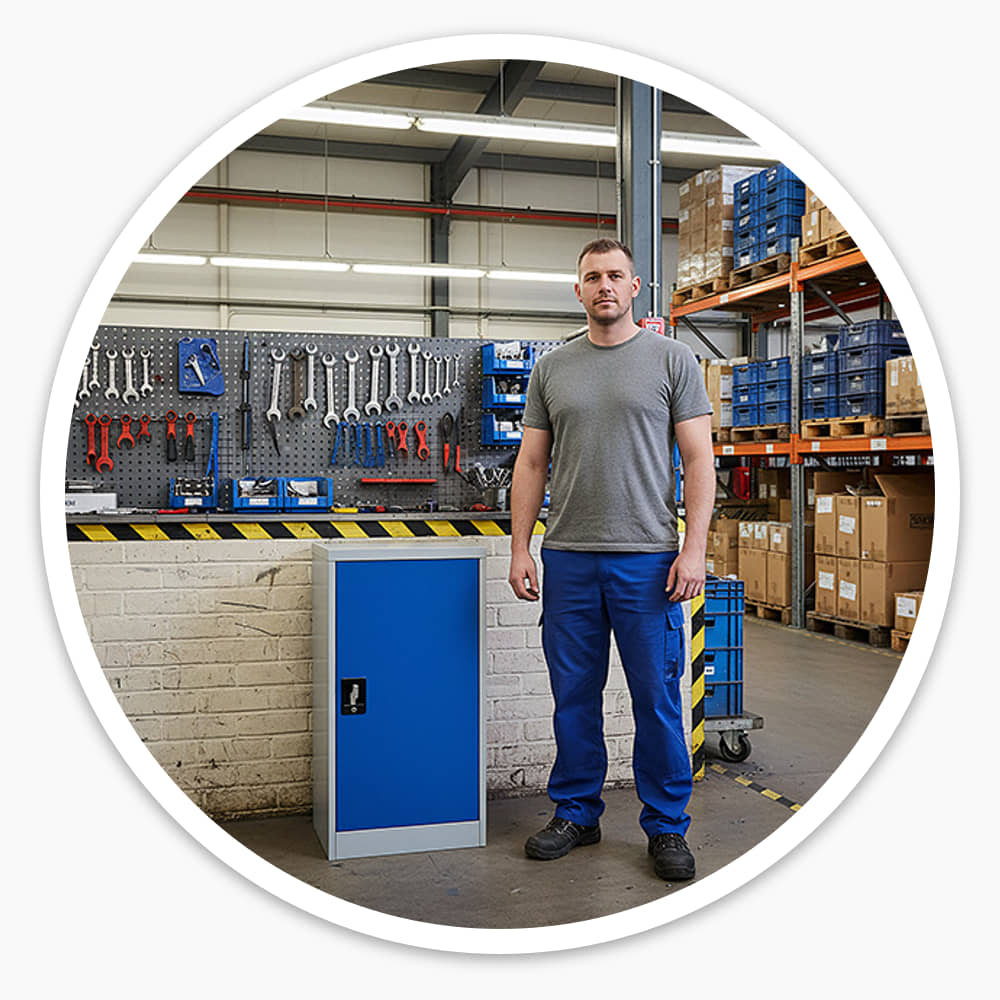 Worker standing beside a compact blue Secure Metal Cabinet against a workshop wall