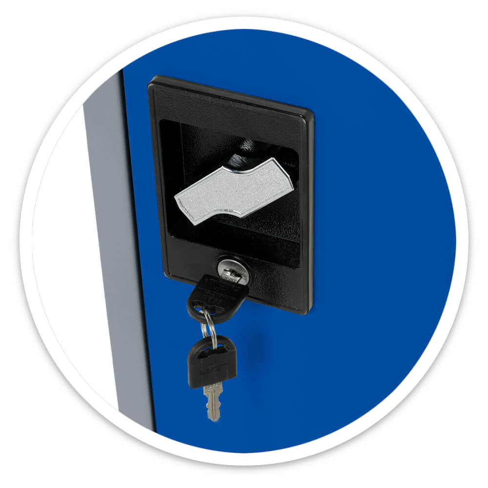 Close-up of the Secure Metal Cabinet's smooth blue powder-coated door with its cam lock and keys