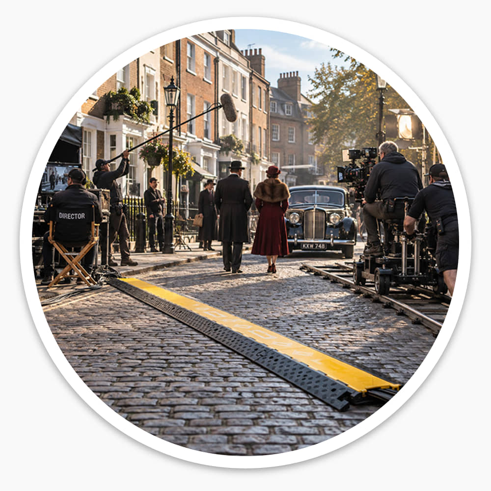 5 channel cable ramp with yellow lid covering cables across a cobbled street on a period film set