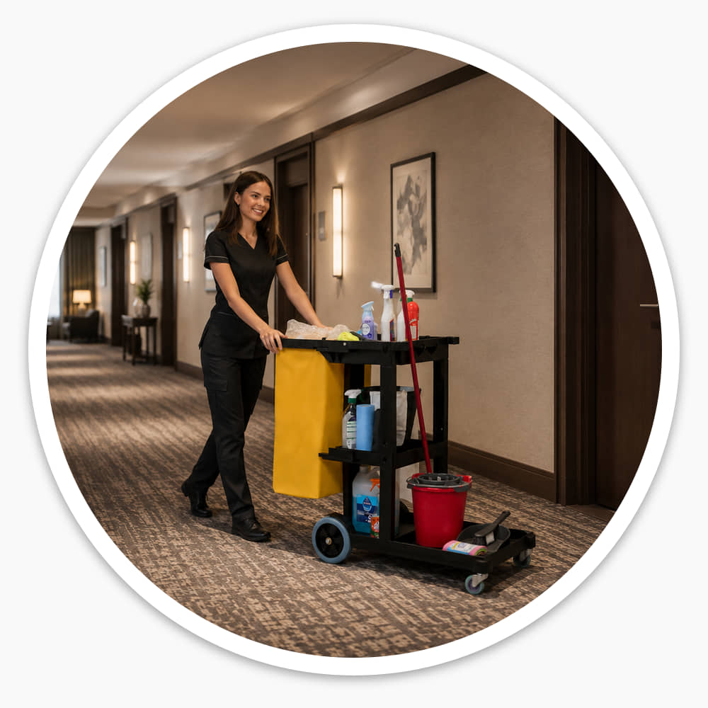 Cleaner pushing the Economy Cleaning Cart along a carpeted hotel corridor with spray bottles and a red bucket