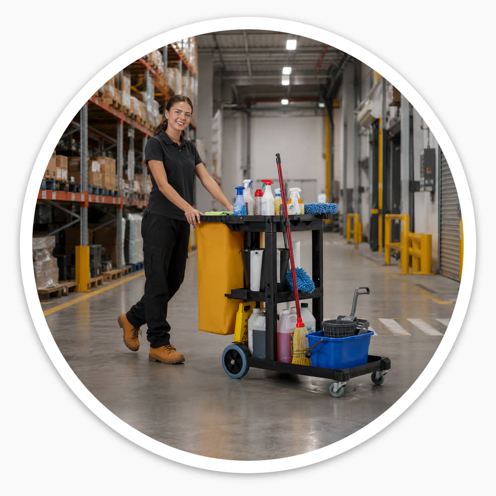 Smiling cleaner with the fully loaded Economy Cleaning Cart in a warehouse aisle beside stocked racking