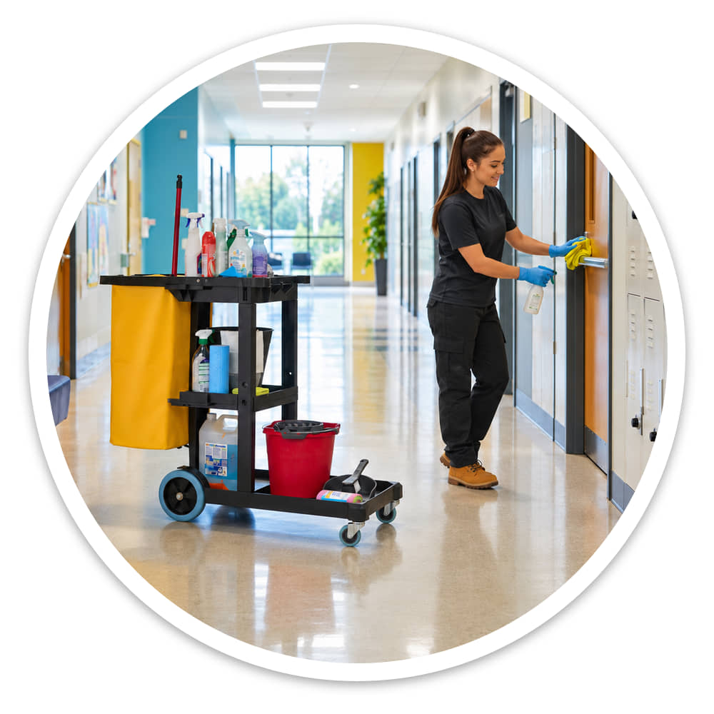 Economy Cleaning Cart parked in a narrow school corridor beside lockers as a cleaner wipes a locker door