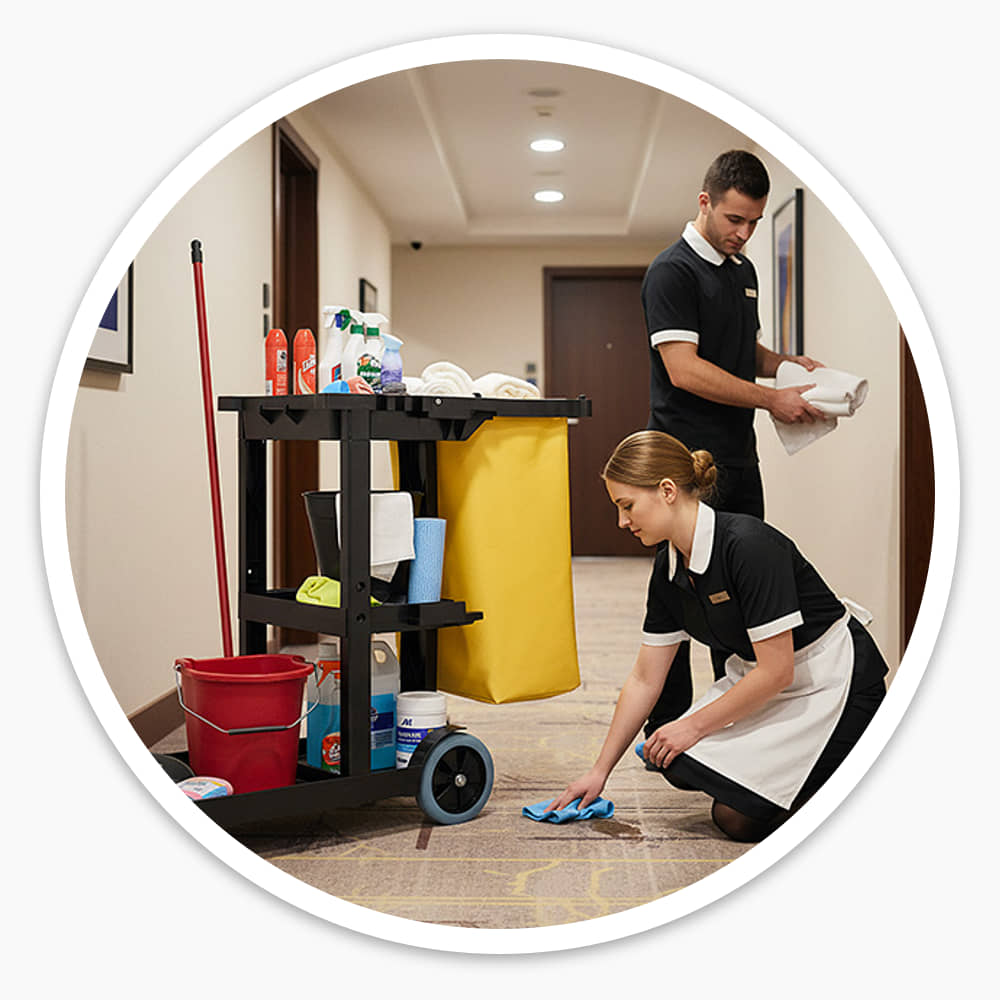 Hotel housekeeping staff working beside a tidy black and yellow Economy Cleaning Cart in a guest corridor