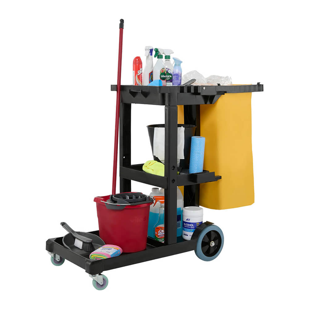 Economy Cleaning Cart with a red mop bucket on the front tray and a mop held upright in the handle holder