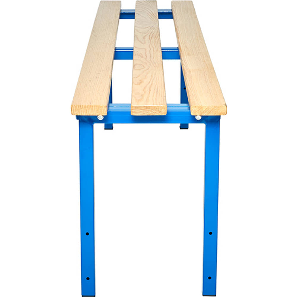 End view of the 1000mm cloakroom bench, showing the blue steel legs with holes for the adjustable floor fixing brackets