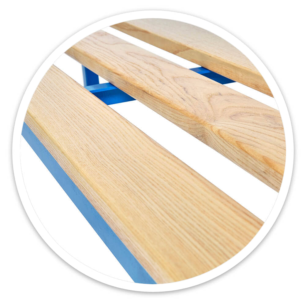 Close-up of the ash slats and blue steel frame on the 1500mm cloakroom bench