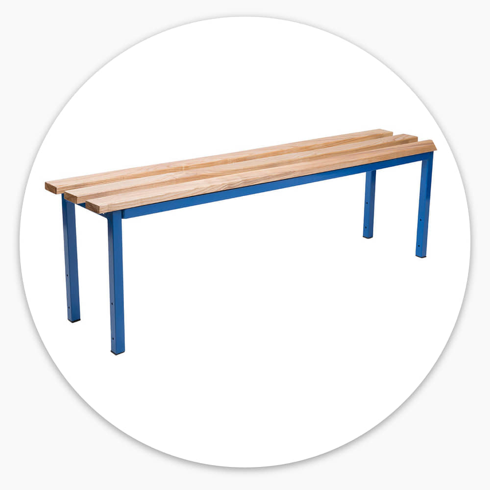 1500mm cloakroom bench with ash slatted seat and blue tubular steel frame, with no back or coat rail